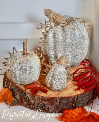 Three recycled book page decoupage pumpkins 