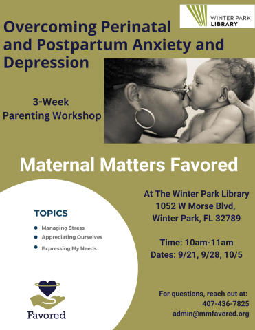 Maternal matters flyer. Woman holding baby. 