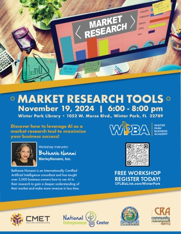 Photo of a computer with text that reads Market Research Tools November 19, 2024 from 6-8 pm at the Winter Park Library.