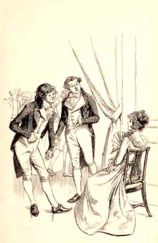 Illustration from novel Sense and Sensibility. Two men in formal clothes greet seated woman