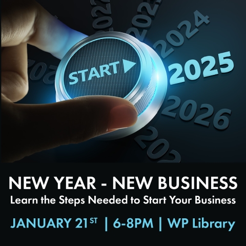 Flyer that says New Year - New Business. Image of a hand on a dial that says start and points to the year 2025.