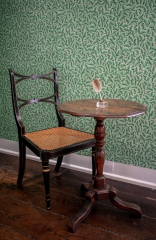 Writing desk, chair and green wall paper