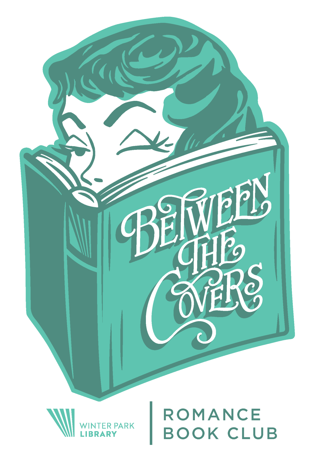 Woman peering out of book called Between the Covers