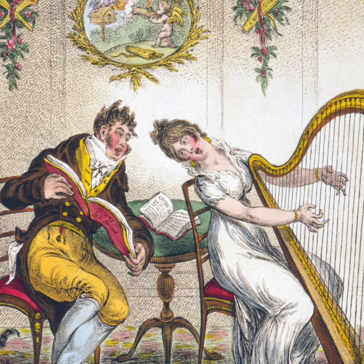 An Regency illustration of a woman playing a harp and a man showing her a book.